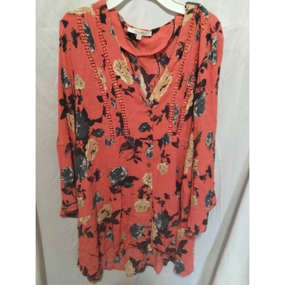 Miss Me Top L Orange Floral Print Hippie Boho Flowy Rayon Peasant Shirt Blouse